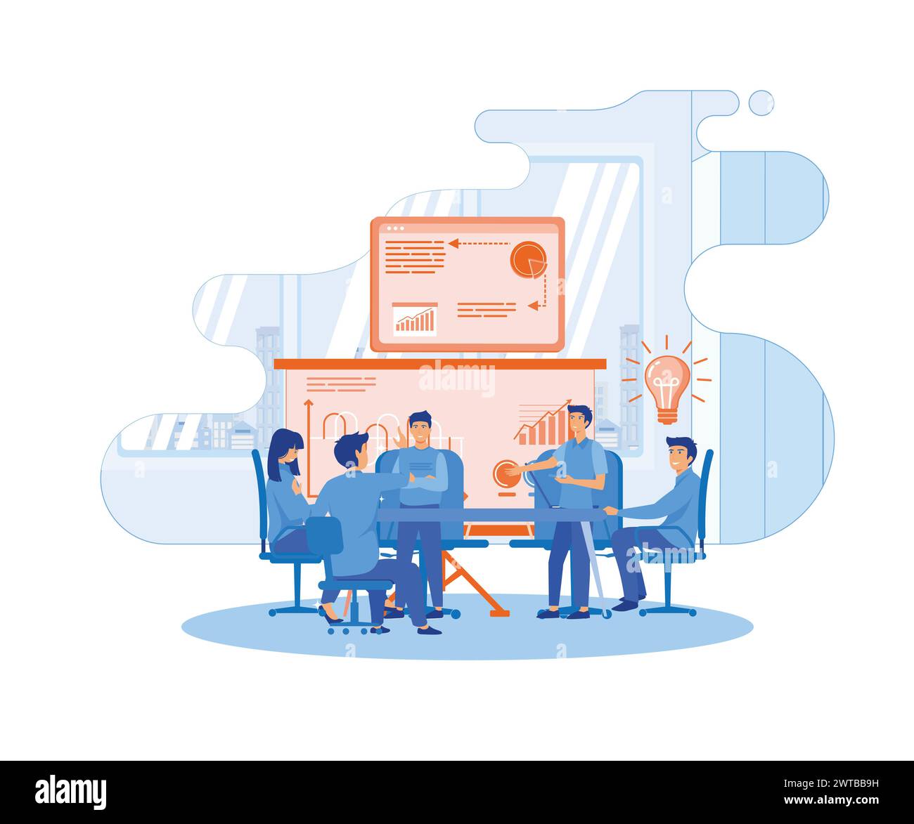 Concetto di riunione aziendale. Team aziendale che organizza una riunione in una sala ufficio virtuale spazio di lavoro digitale, lavoro remoto e concetto di lavoro di squadra. piatto Illustrazione Vettoriale