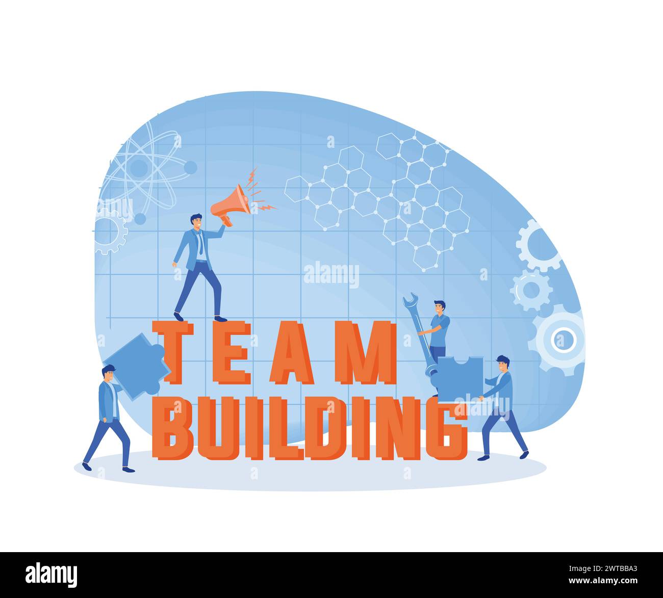 Concetto di team building. Un gruppo di persone si riunisce e lavora insieme per ottenere buoni risultati aziendali. Idea di comunicazione e cooperazione. modello vettoriale piatto Illustrazione Vettoriale