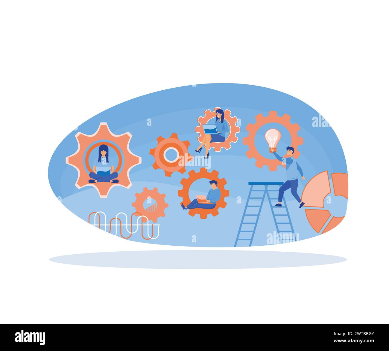 Uomini d'affari che lavorano insieme in team. Scenario dell'organizzazione e della gestione della struttura aziendale. illustrazione moderna vettoriale piatta Illustrazione Vettoriale