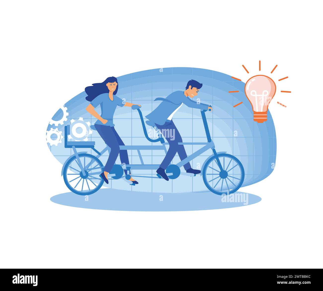 Idea creativa concetto di lavoro di squadra. Business Team in bicicletta tandem. Uomini d'affari e uomini d'affari su Bike. La metafora della leadership della cooperazione Illustrazione Vettoriale