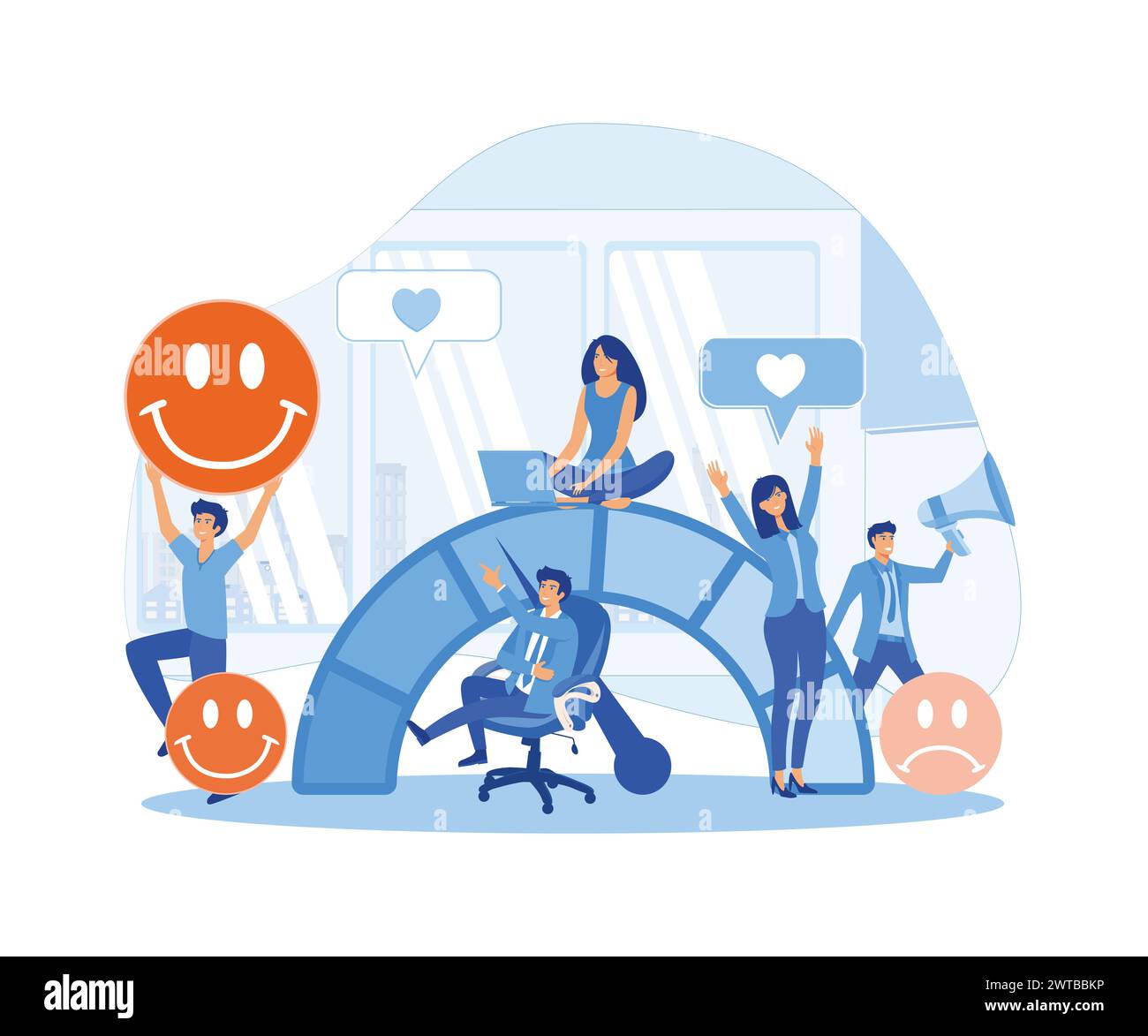 Concetto di livello di sollecitazione. Indicatore di soddisfazione del cliente con icone emotive. Sondaggio clienti, clienti esaminano la valutazione e la migliore stima delle prestazioni. piatto Illustrazione Vettoriale