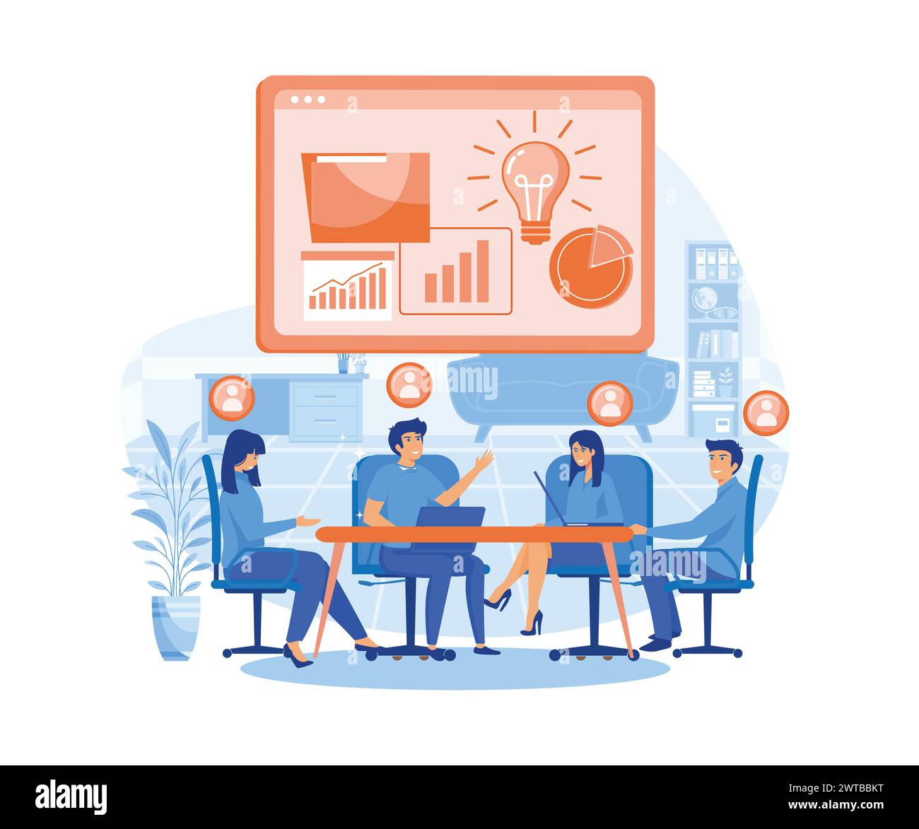 Concetto di riunione aziendale. Team aziendale che organizza una riunione in una sala ufficio virtuale, spazio di lavoro digitale, lavoro remoto e lavoro di squadra. vettore piatto Illustrazione Vettoriale