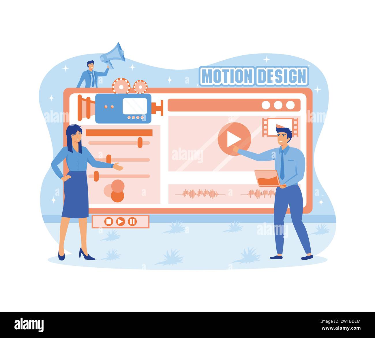 Personaggi maschili e femminili designer, animatori, narratori che creano contenuti grafici in movimento. Motion graphic Studio Concept per il sito Web di banner pa Illustrazione Vettoriale