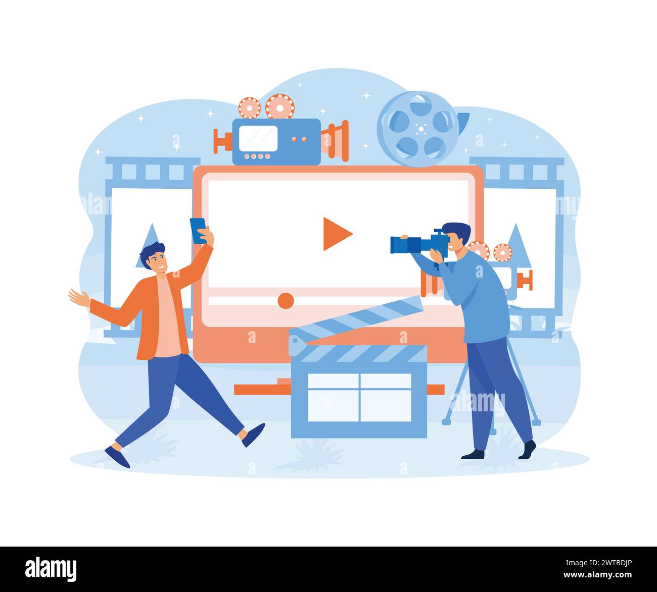Concetto di produzione cinematografica. Videografia, ripresa di film in studio. illustrazione moderna vettoriale piatta Illustrazione Vettoriale