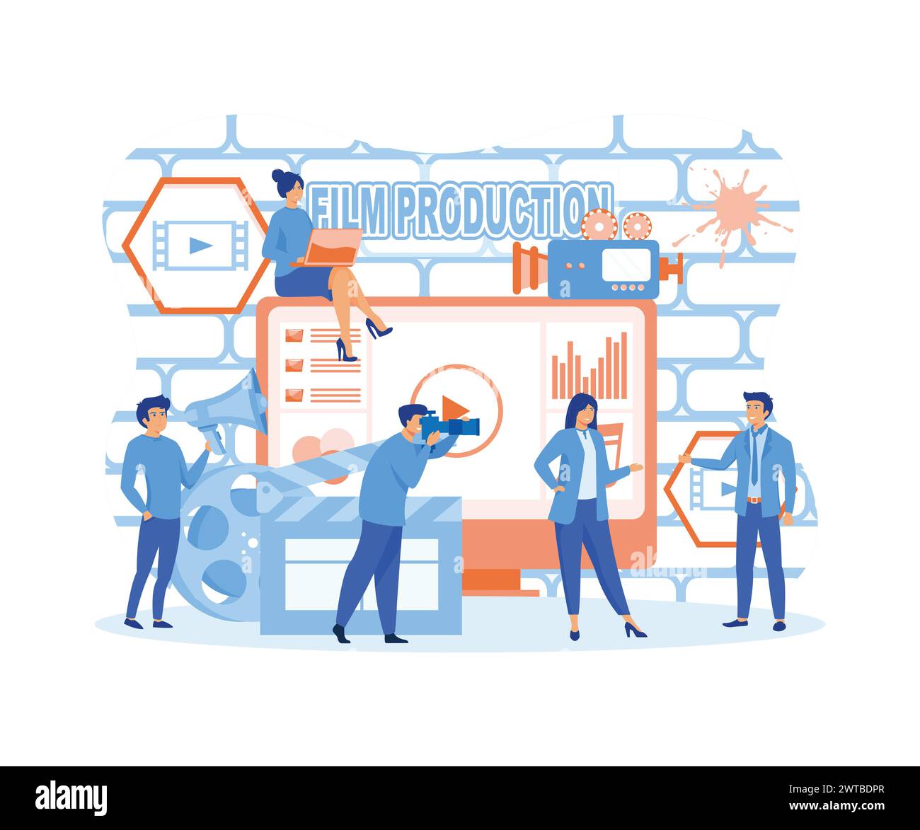 Concetto di produzione cinematografica, le persone nello studio che realizzano un film, il corso online di produzione cinematografica può essere utilizzato per, pagina di destinazione. illustrazione moderna vettoriale piatta Illustrazione Vettoriale