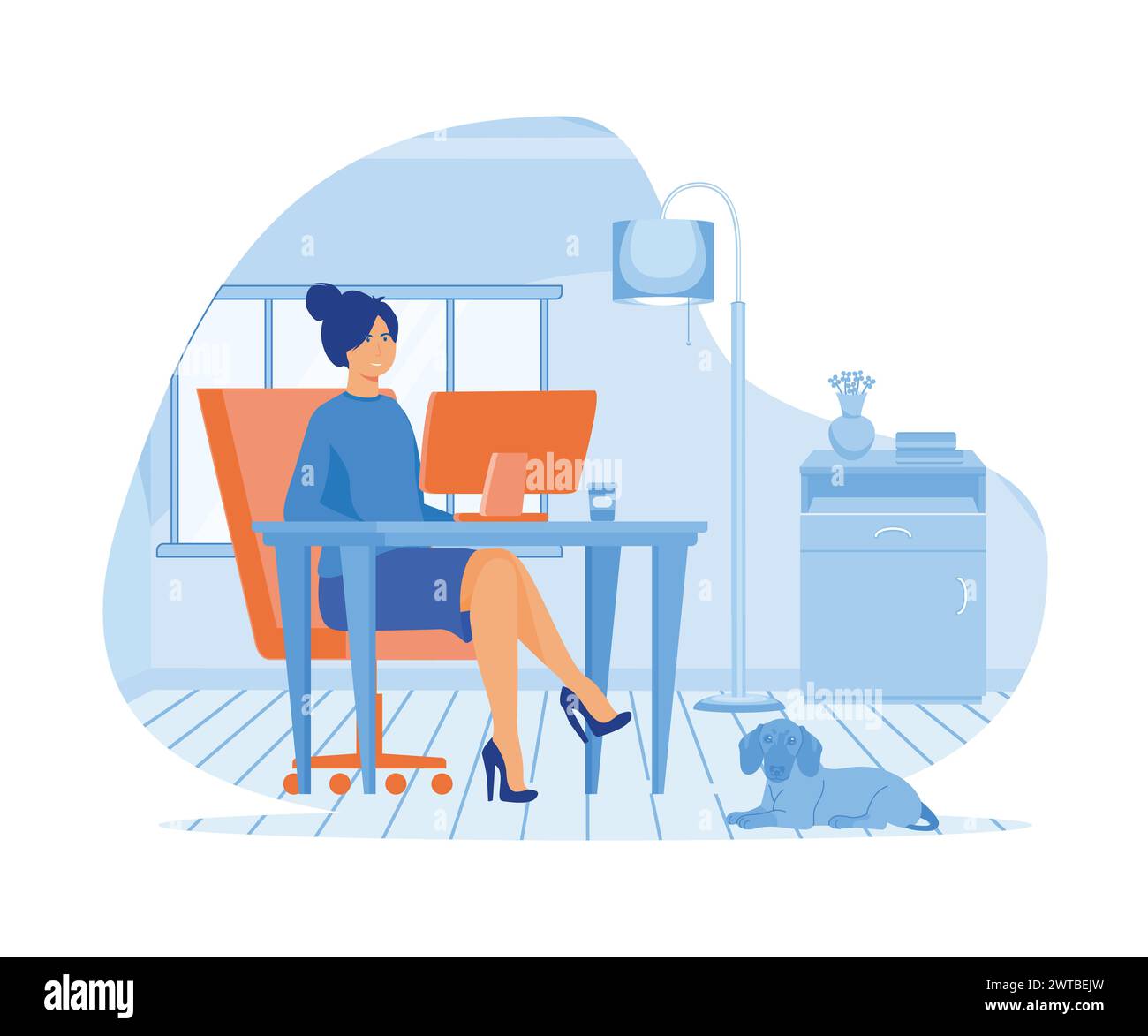 Donna che lavora da casa e parla con i colleghi online. Donna seduta alla scrivania in camera, che guarda lo schermo del computer. illustrazione moderna vettoriale piatta Illustrazione Vettoriale