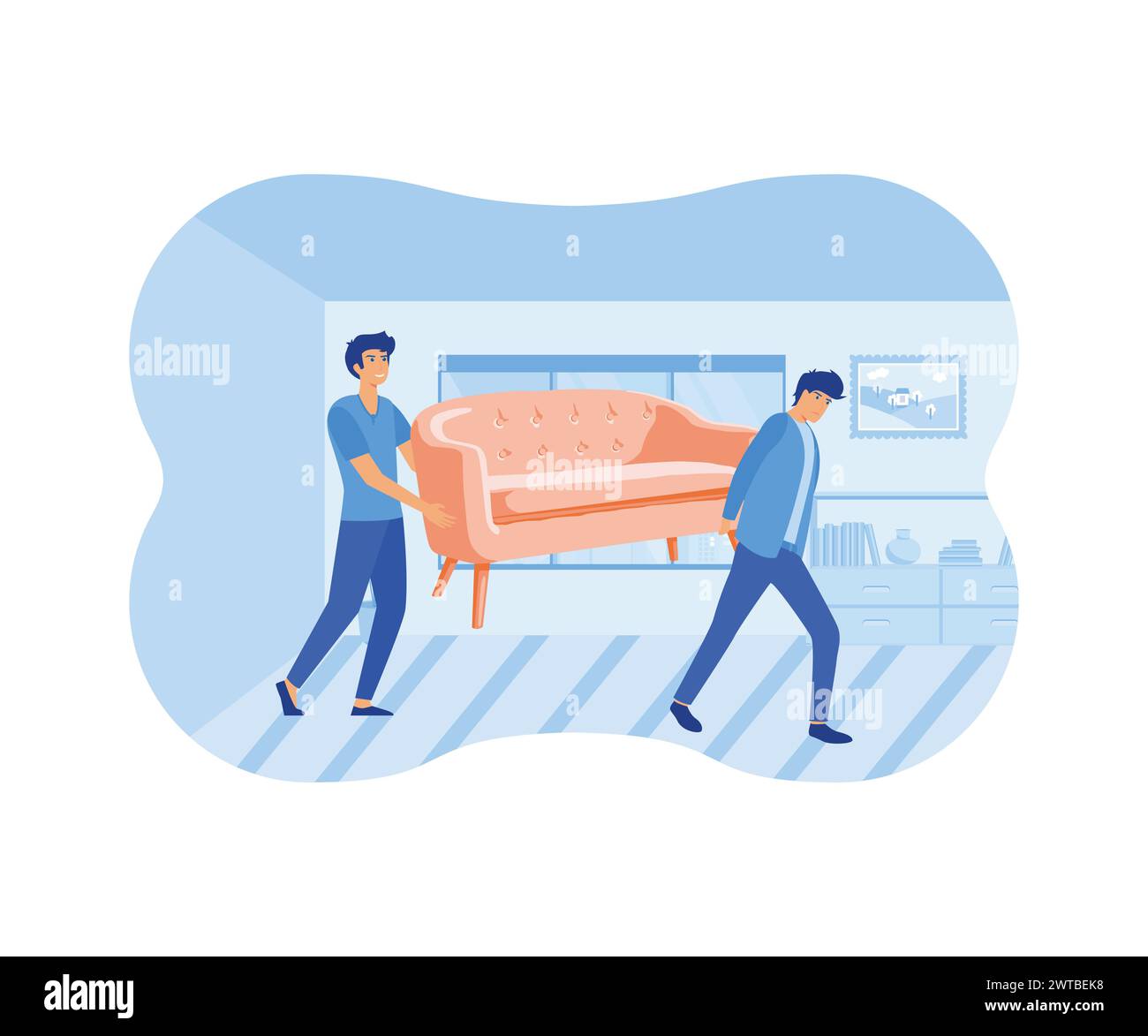 Servizi di riparazione a domicilio, lavoratori professionisti. I ragazzi spostano i mobili del divano in camera. illustrazione moderna vettoriale piatta Illustrazione Vettoriale