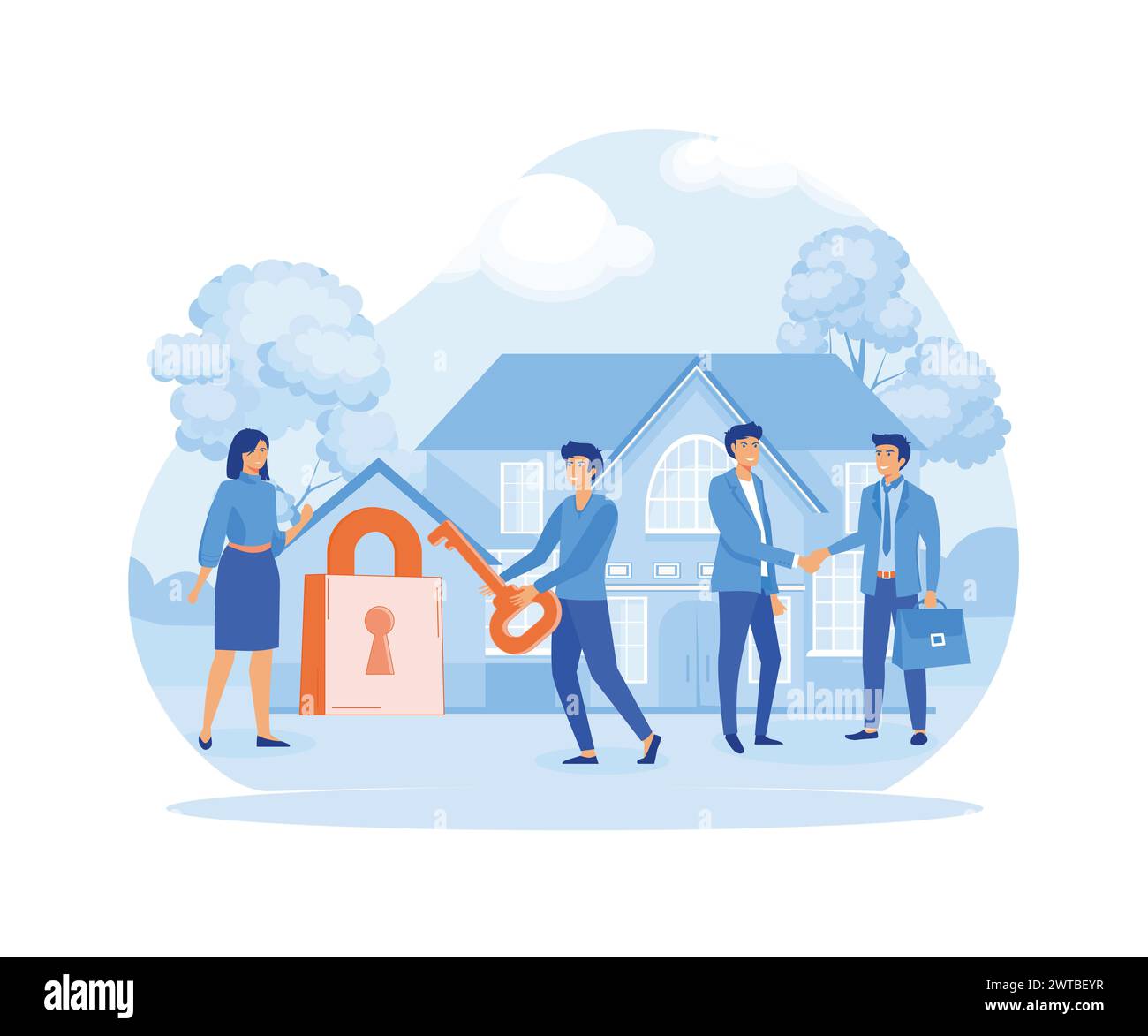 Acquisto di una casa, chiavi di casa, protezione e sicurezza, affitto di immobili e chiavi in mano. illustrazione moderna vettoriale piatta Illustrazione Vettoriale