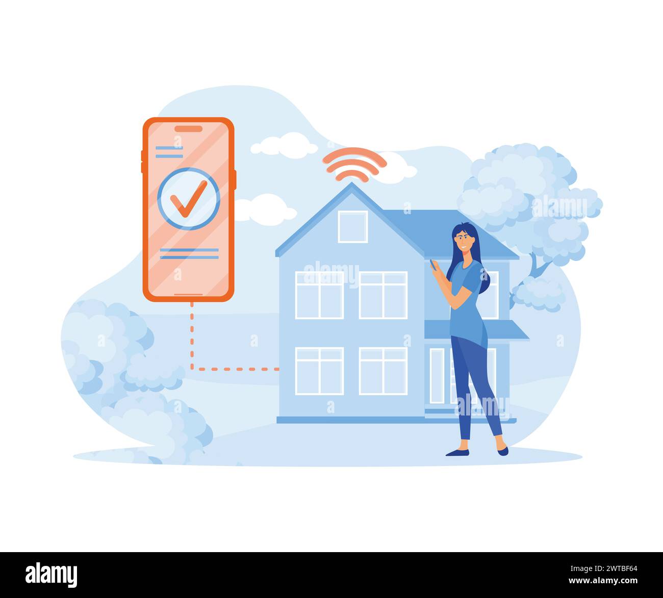 Casa e casa controllo intelligente tecnologia wireless connessione smartphone o app di automazione della sorveglianza a distanza su Internet sull'app per telefoni cellulari. fil Illustrazione Vettoriale