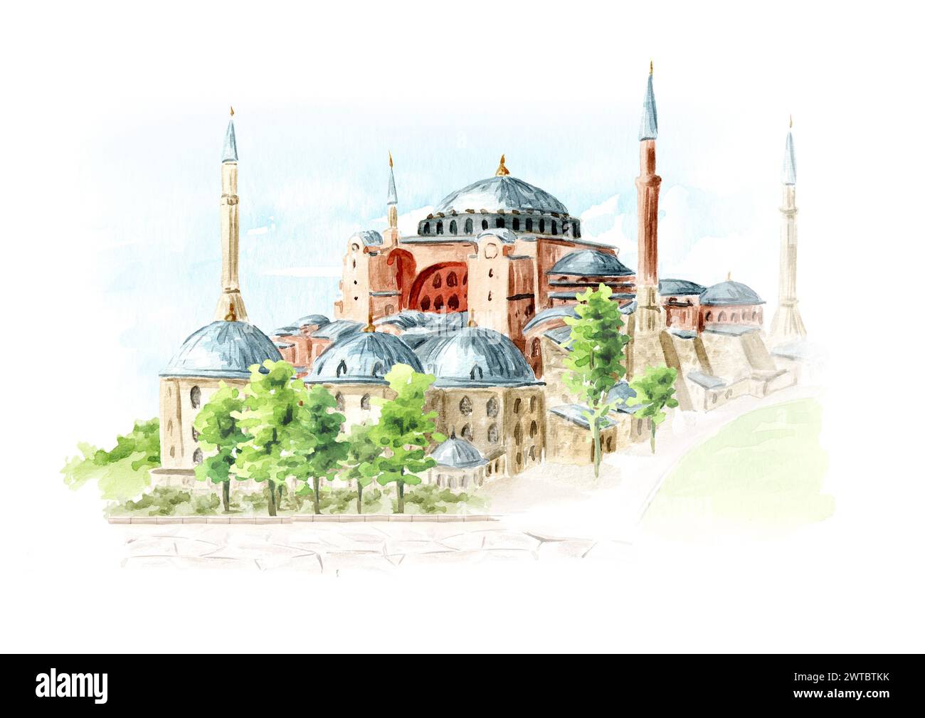 Museo della moschea di Hagia Sophia a Istanbul, Turchia . Illustrazione ad acquerello disegnata a mano isolata su sfondo bianco Foto Stock