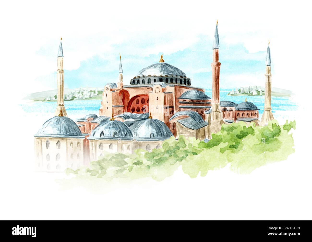 Museo della moschea di Santa Sofia, sullo sfondo della vista del Bosforo a Istanbul, Turchia. . Illustrazione ad acquerello disegnata a mano, isolata o Foto Stock