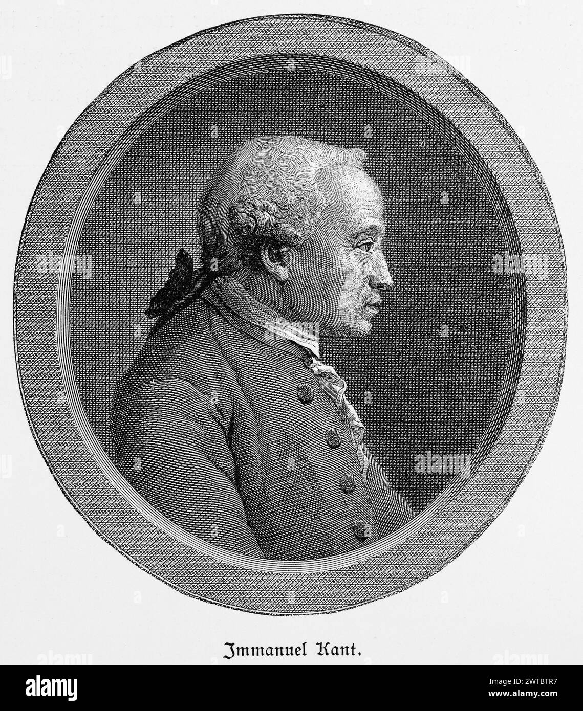 Ritratto Immanuel Kant, nato a Kaliningrad, Koenigsberg, Oblast Kaliningrad, Russia, filosofo, profilo, vista laterale, circolare, illustrazione storica Foto Stock