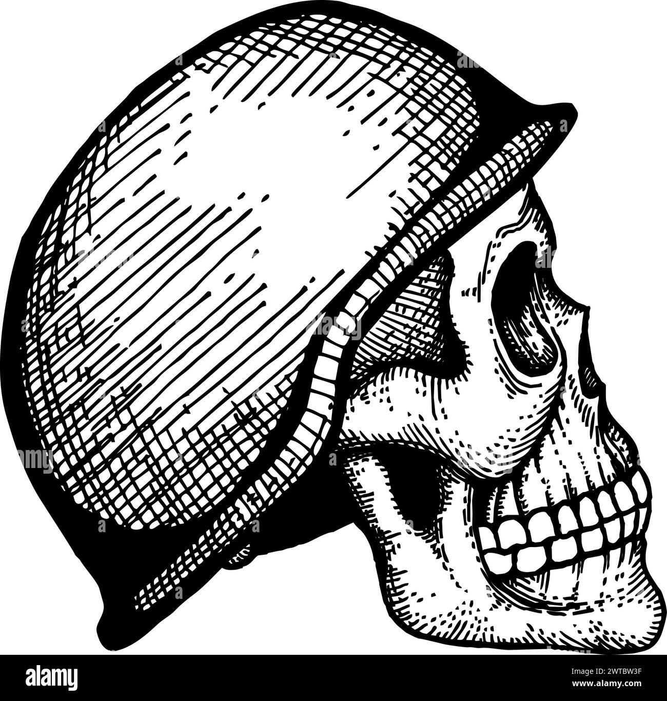 Teschio umano in cappello da soldato. Incisione disegnata a mano Illustrazione Vettoriale