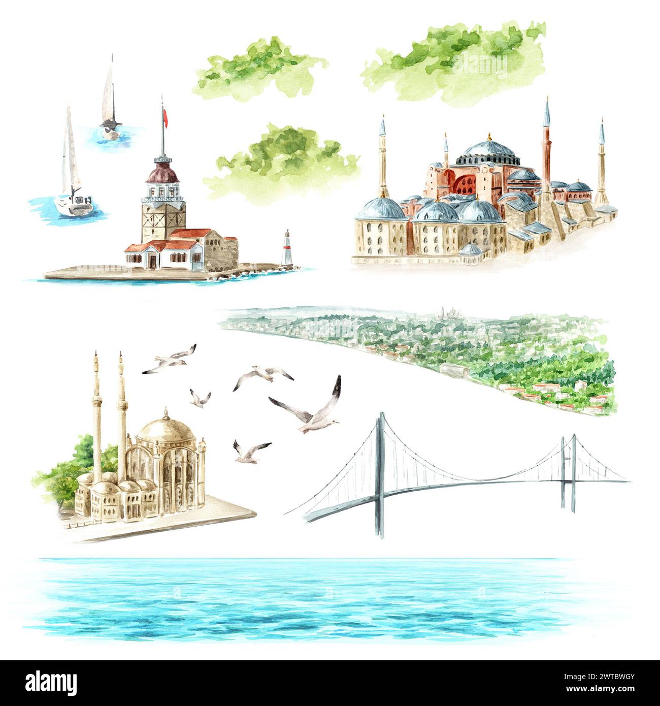Stretto del Bosforo, elementi di architettura, Istanbul, Turchia. Illustrazione ad acquerello disegnata a mano, isolata su sfondo bianco Foto Stock