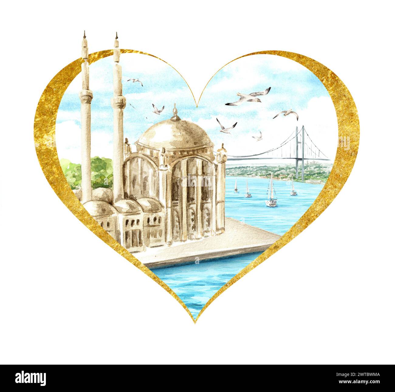 La Moschea di Ortakoy e il ponte sul Bosforo, Istanbul, Turchia. Illustrazione ad acquerello disegnata a mano, isolata su sfondo bianco Foto Stock