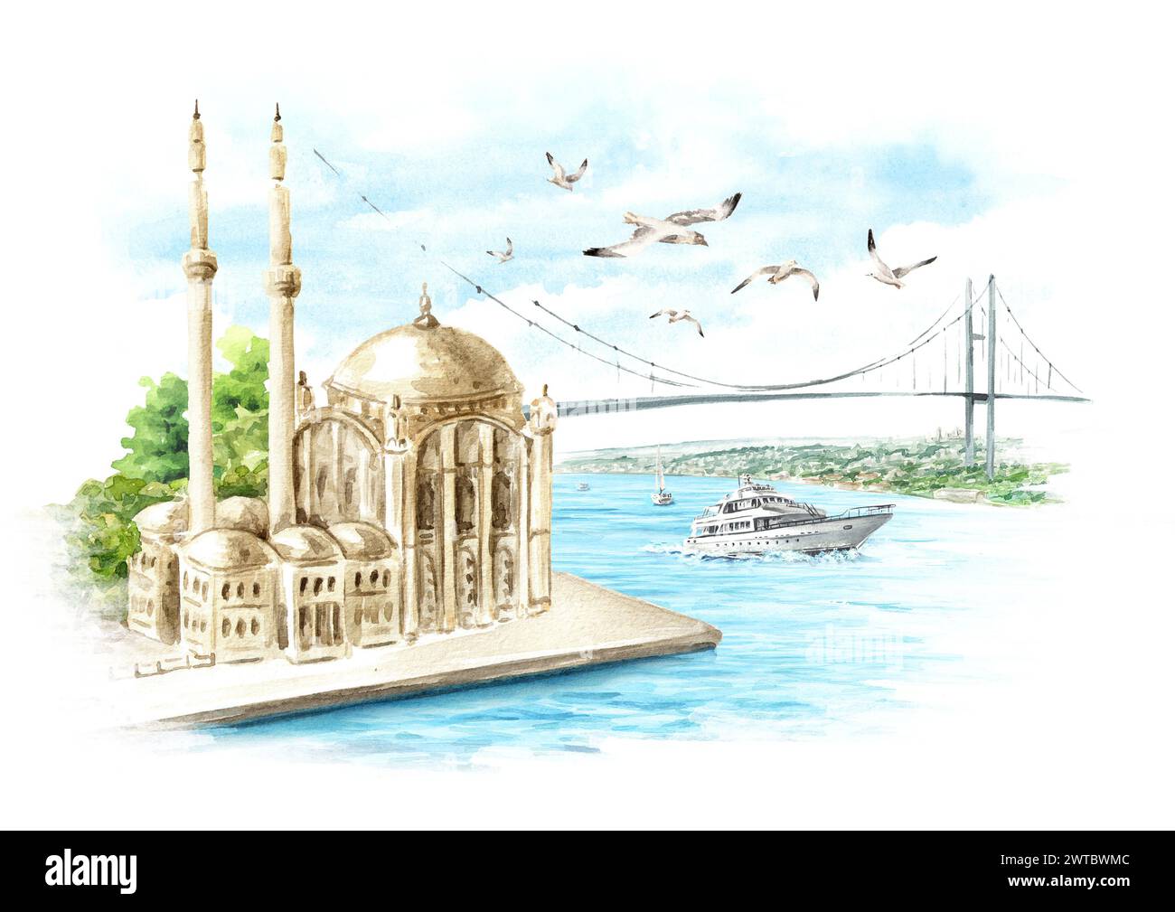 La Moschea di Ortakoy e il ponte sul Bosforo, Istanbul, Turchia. Illustrazione ad acquerello disegnata a mano isolata su sfondo bianco Foto Stock