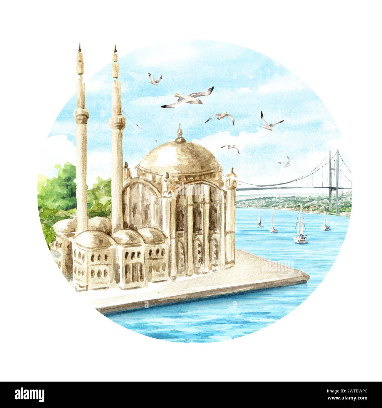 La Moschea di Ortakoy e il ponte sul Bosforo, Istanbul, Turchia. Illustrazione ad acquerello disegnata a mano, isolata su sfondo bianco Foto Stock