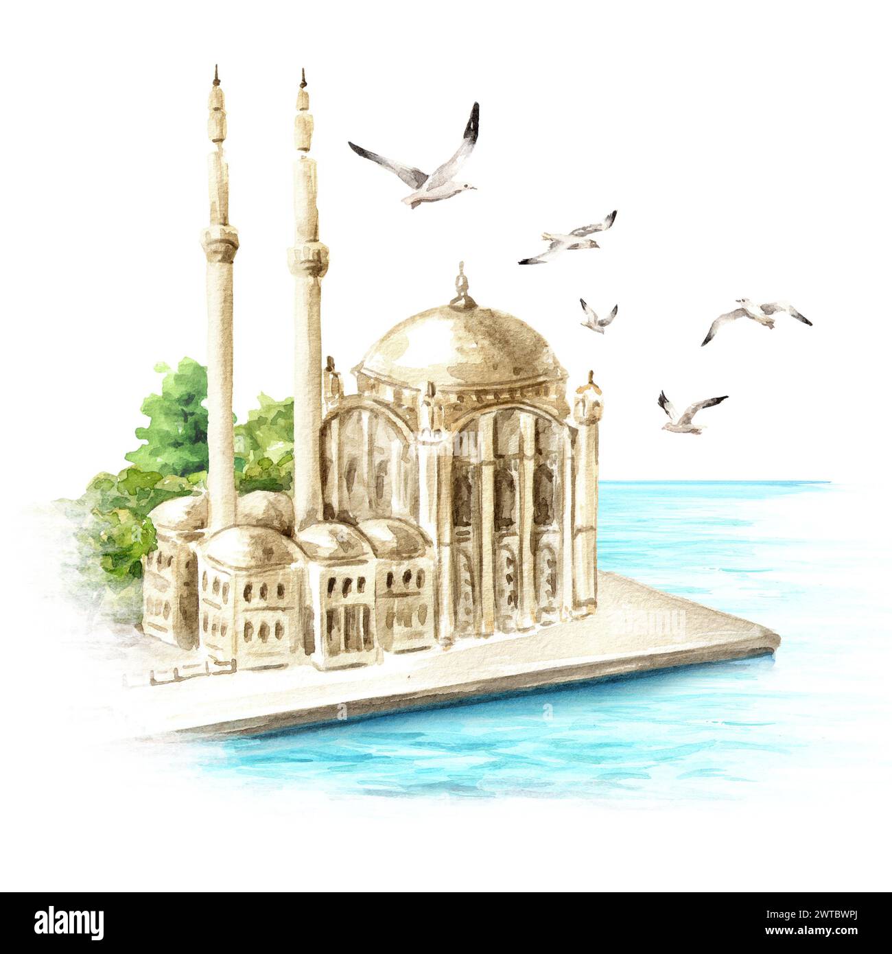 La Moschea di Ortakoy e il Bosforo, Istanbul, Turchia. Illustrazione ad acquerello disegnata a mano isolata su sfondo bianco Foto Stock