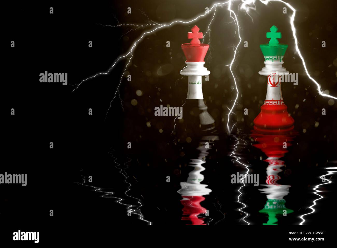 Le bandiere dell'Iran e dell'iraq dipingono sul re degli scacchi. Illustrazione 3D iran vs iraq crisi. Foto Stock