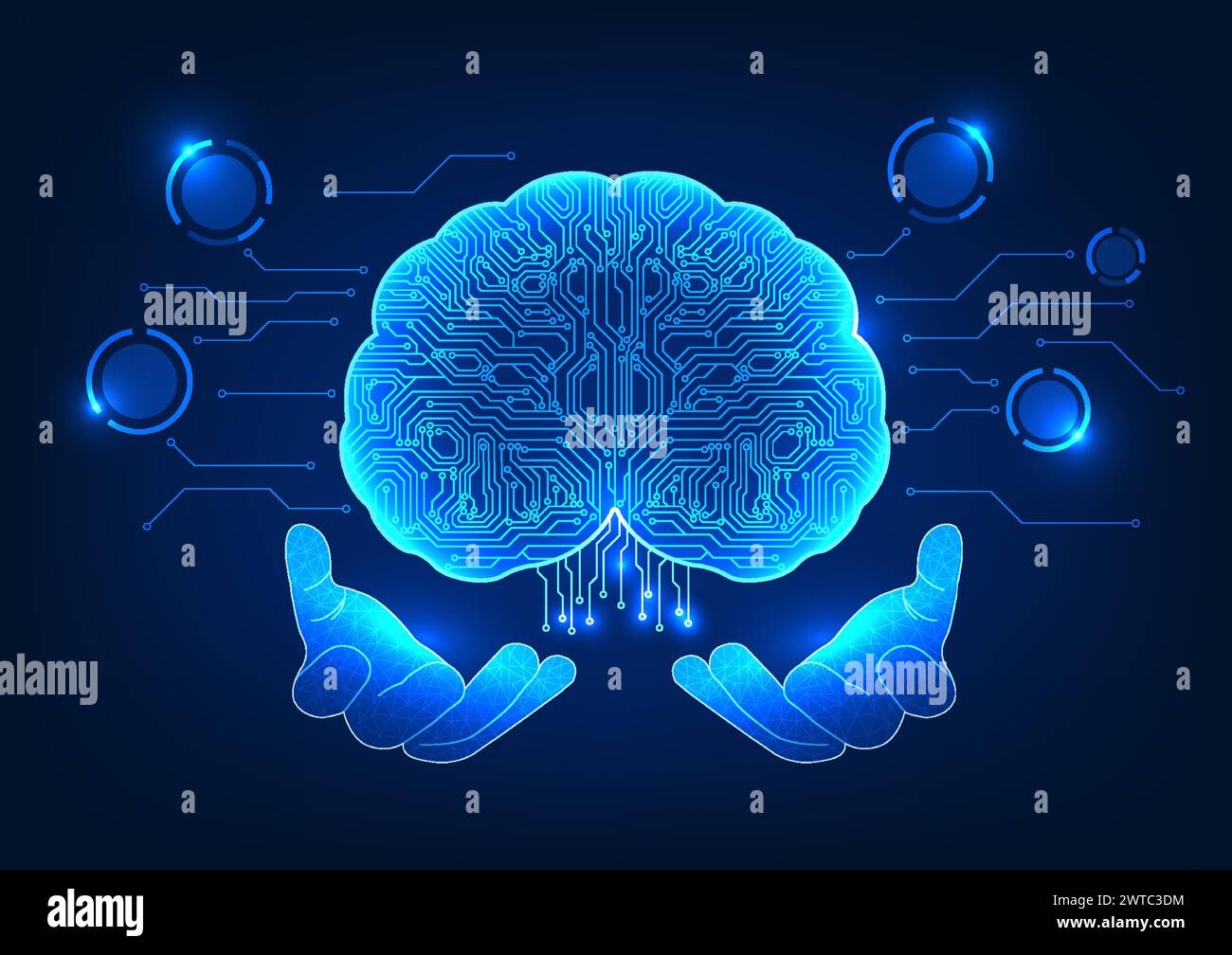 Tecnologia dell'intelligenza artificiale la mano che tiene dentro il cervello è un circuito tecnologico. Mostra la tecnologia di intelligenza artificiale creata per aiutare ana Illustrazione Vettoriale