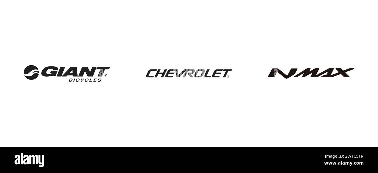 Biciclette giganti, yamaha nmax, Chevrolet. Collezione di logo vettoriali editoriali. Illustrazione Vettoriale