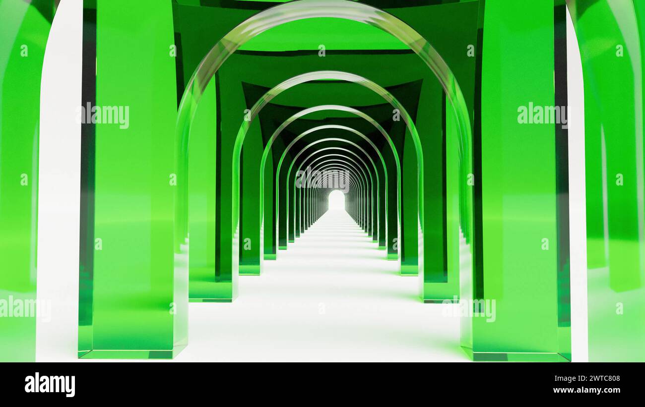 Tunnel in vetro verde su rendering 3d della superficie bianca Foto Stock