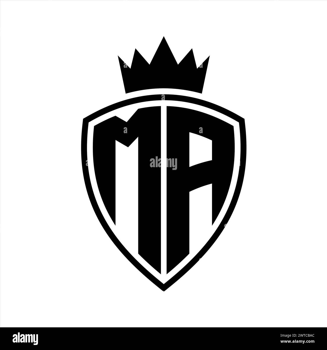 Monogramma MA in grassetto con profilo a scudo e corona con modello di design in bianco e nero Foto Stock