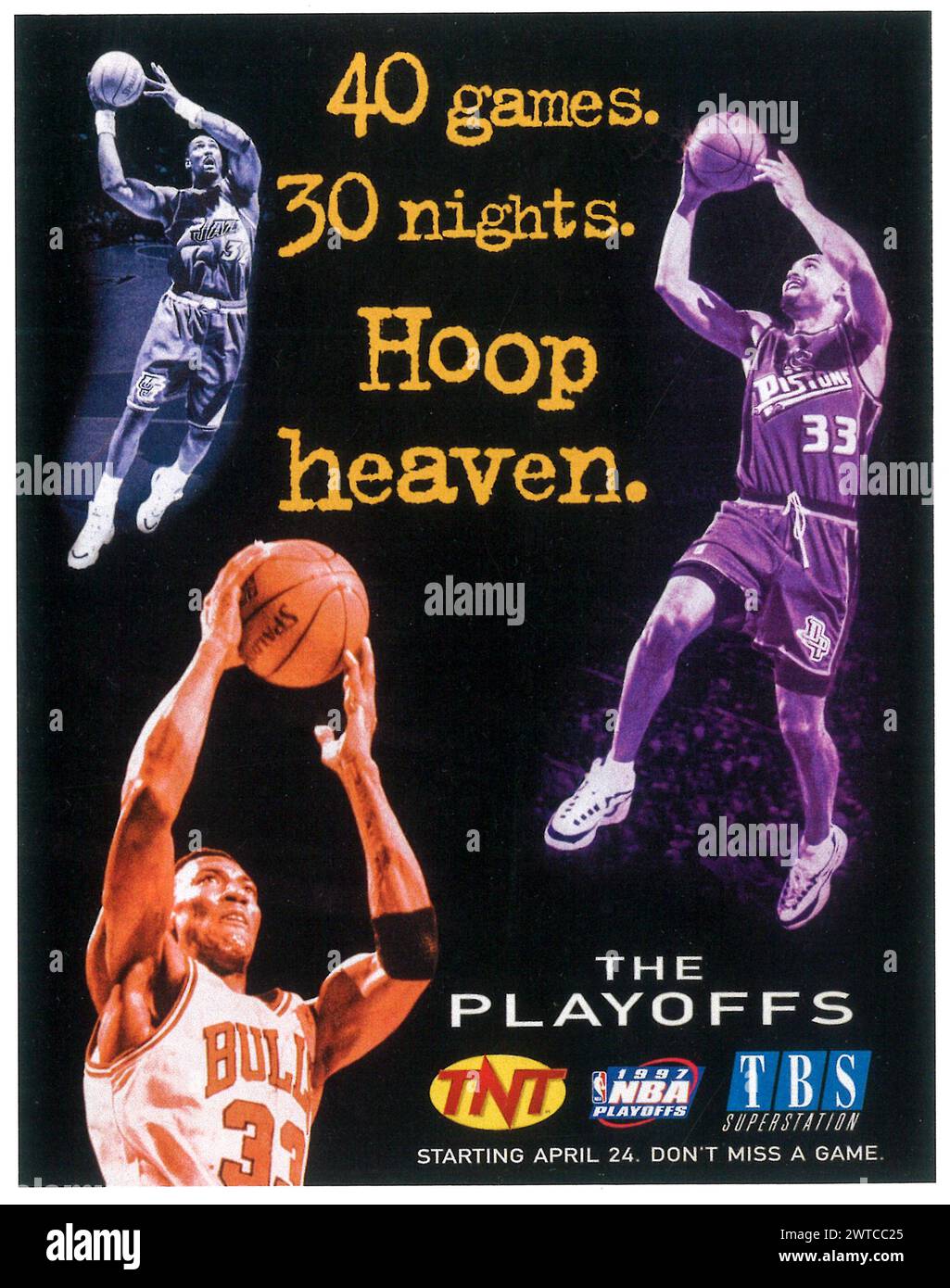 1997 NBA The Playoffs 40 Games 30 Nights Hoop Print ad poster - TNT TBS superstation - con Scottie Pippen per Bulls, Grant Hill per Pistons Foto Stock