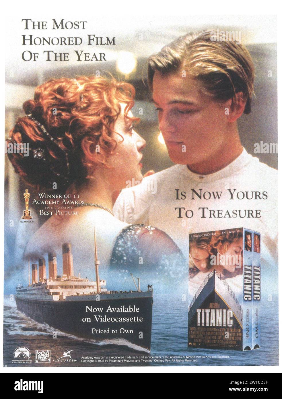 1998 pubblicità TITANIC, uscita videocassette VHS, Leonardo di Caprio, Kate Winslet, Foto Stock