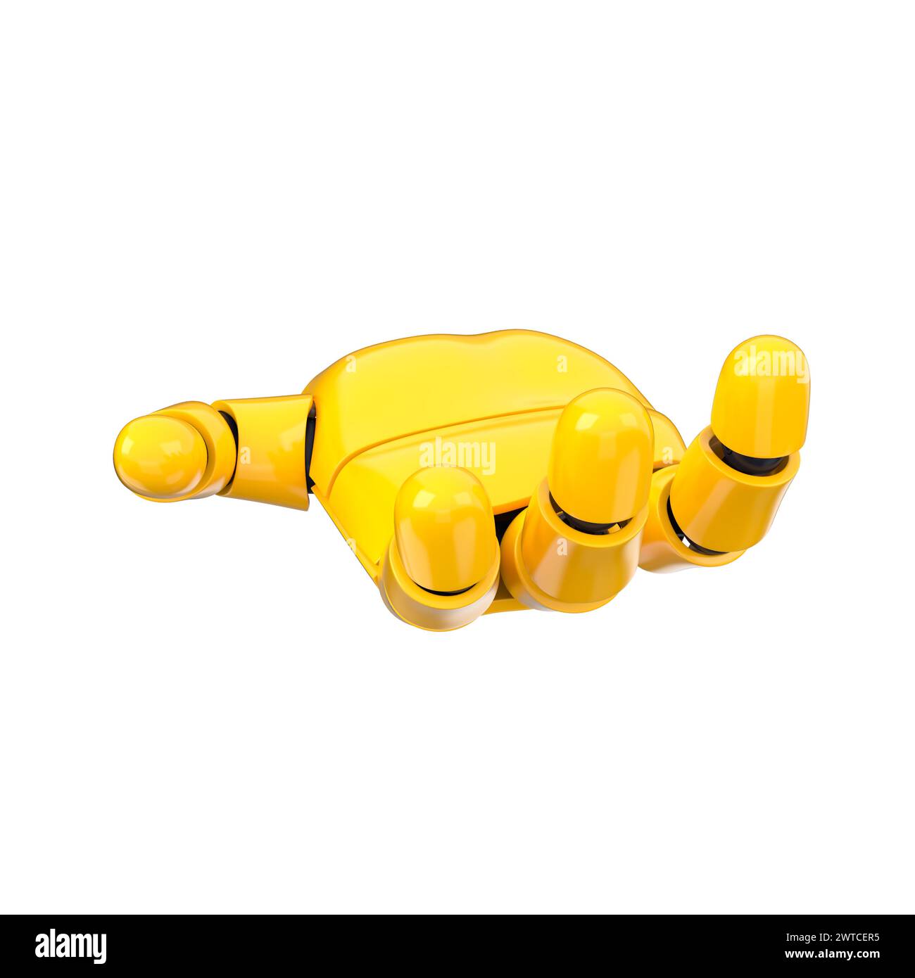 Mano gialla emoji bot che presenta o prende gesti. Intelligenza artificiale isolata o concetto automatizzato. rendering 3d. Foto Stock