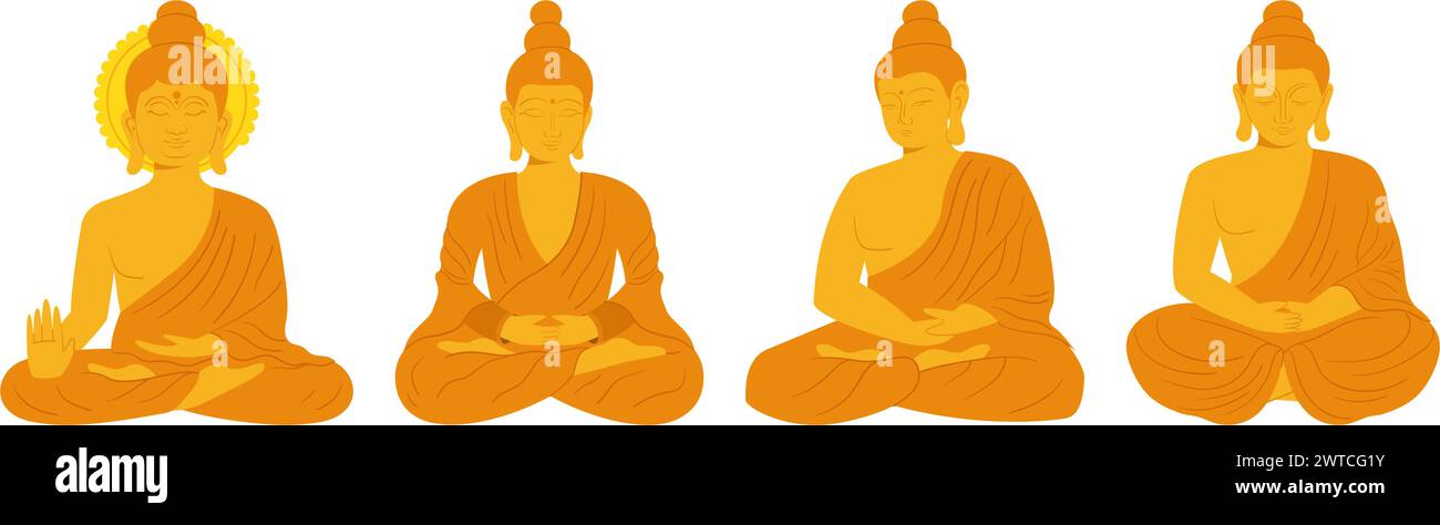 Set di quattro statue dorate di Buddha. Collezione di sculture monache in stile vettoriale piatto Illustrazione Vettoriale