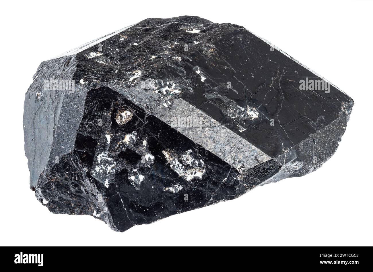 campione di melanite grezza naturale andradite, ritaglio minerale di granato nero su sfondo bianco Foto Stock