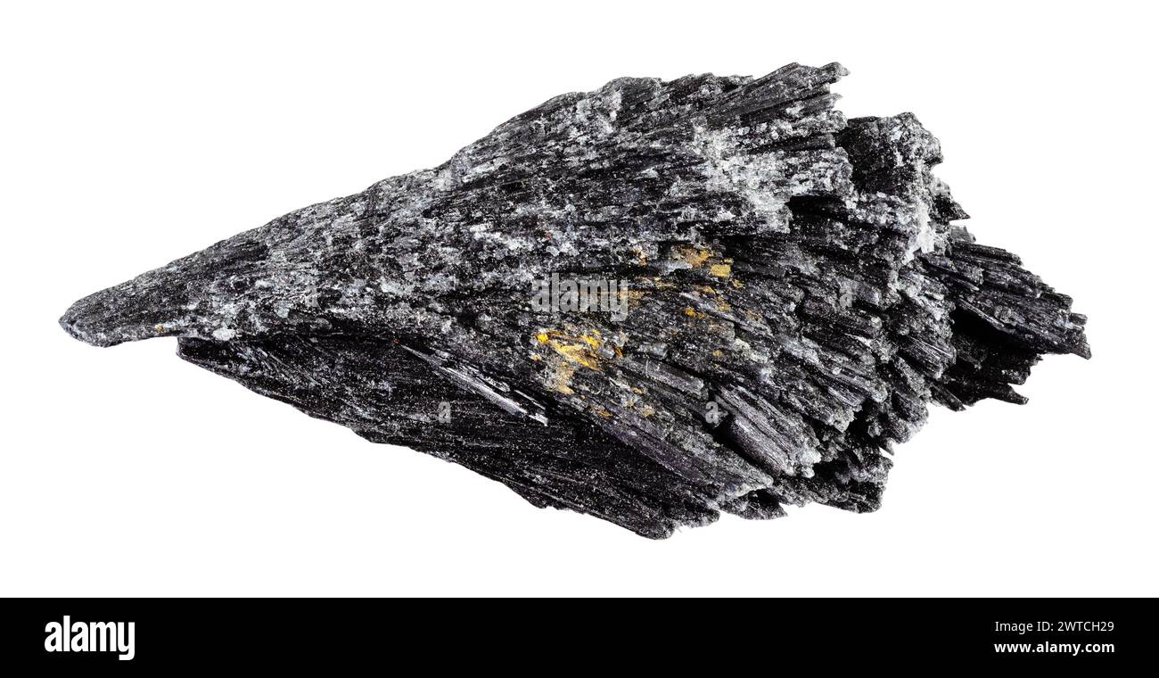 campione di minerale grezzo di kyanite nera naturale su sfondo bianco Foto Stock