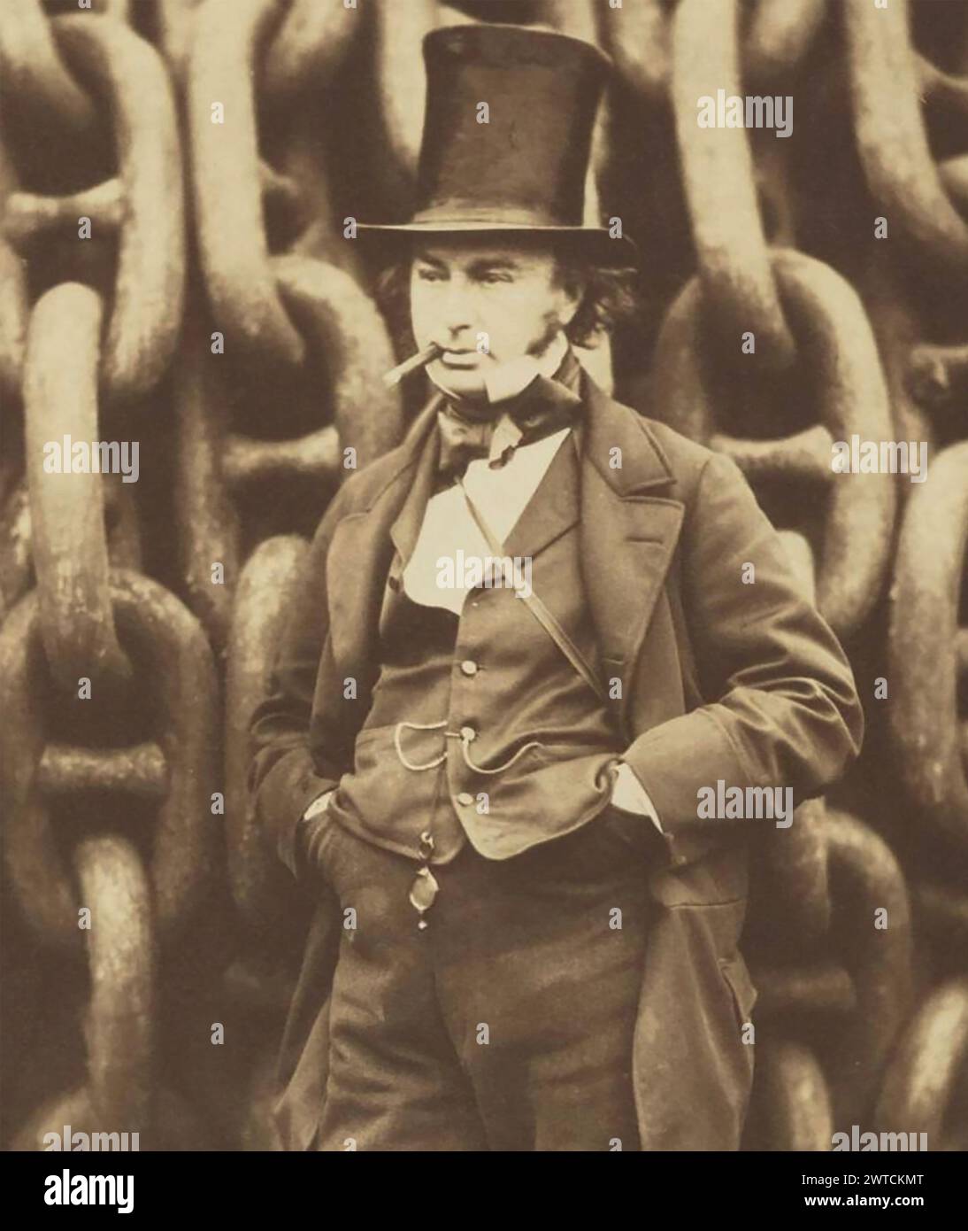 ISAMBARD KINGDOM BRUNEL (1806-1859) ingegnere civile e matematico britannico dettaglio della fotografia di fronte alle catene di lancio delle SS Great Britain di Robert Howlett nel 1857 Foto Stock