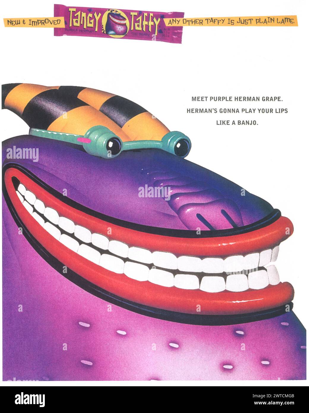 1997 pubblicità di caramelle Taffy - incontra l'uva Herman viola Foto Stock