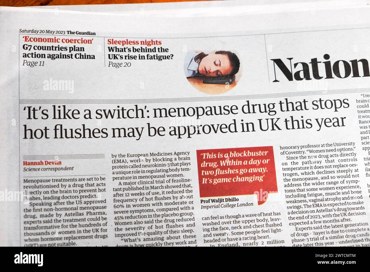 "IT's like a switch": Il farmaco per la menopausa che arresta le vampate di calore può essere approvato nel Regno Unito quest'anno" titolo del quotidiano Guardian 20 maggio 2023 Londra Regno Unito Foto Stock