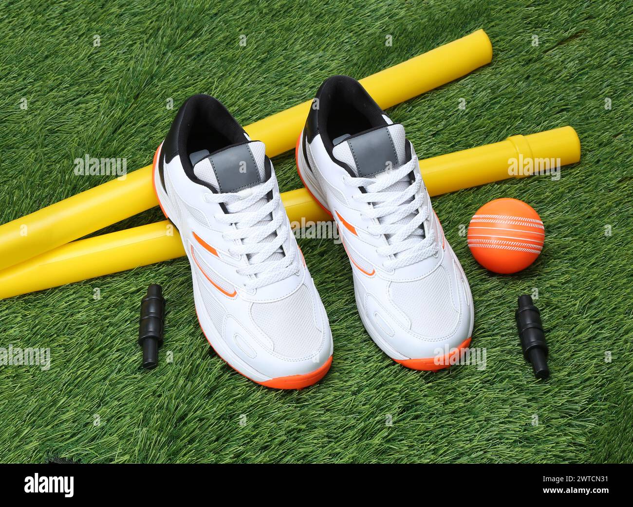 le scarpe da cricket con sfera di gomma e wickets combinano un colpo creativo sull'erba Foto Stock