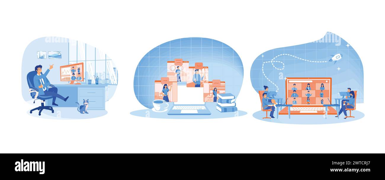 Uomo sul desktop che chatta con gli amici online. Discussione online e concetto di videoconferenza. Conferenza aziendale online. Imposta il vettore piatto Modern illust Illustrazione Vettoriale