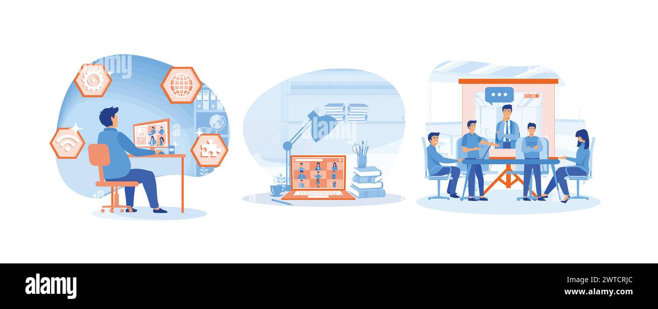 Concetto di videoconferenza. Telecomando per videoconferenza funzionante su un computer portatile. Team aziendale alla videoconferenza in sala riunioni. Impostare il vettore piatto Illustrazione Vettoriale