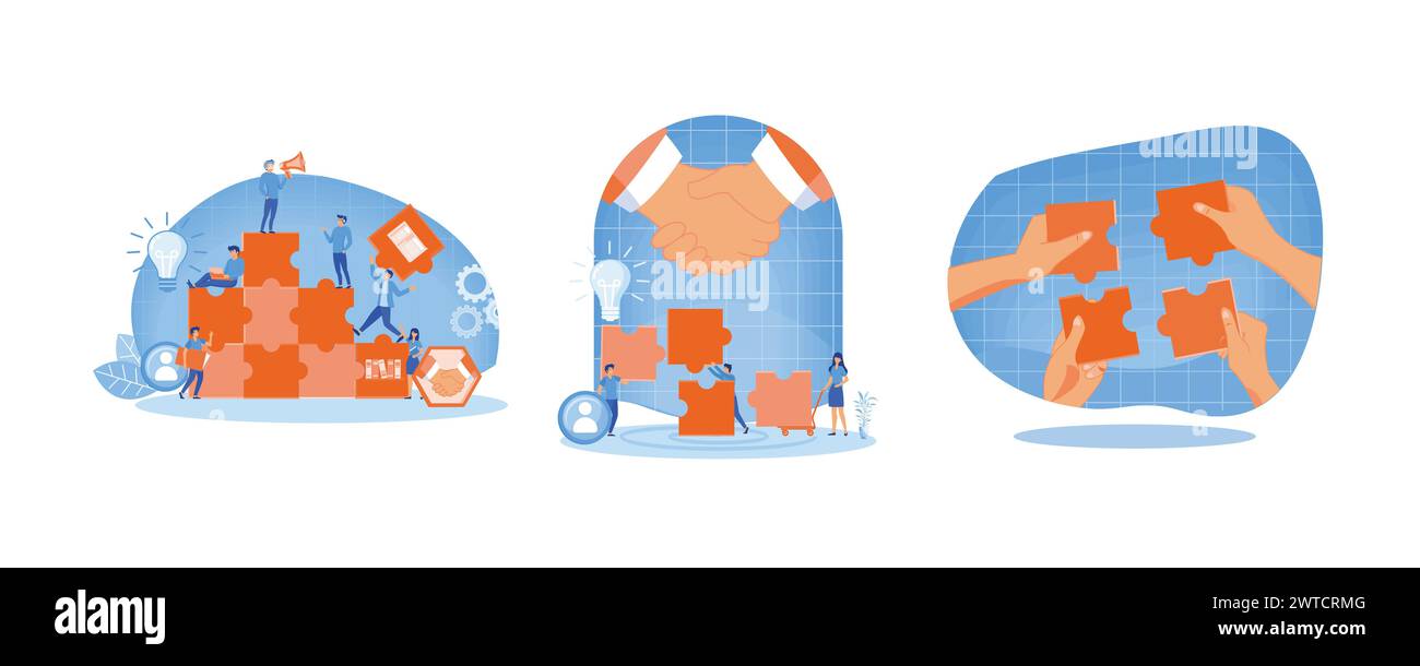 Il concetto di lavoro di squadra congiunto. Lavoro di squadra, team building, organizzazione aziendale. Approccio aziendale innovativo, brainstorming, idee e competenze uniche. Illustrazione Vettoriale