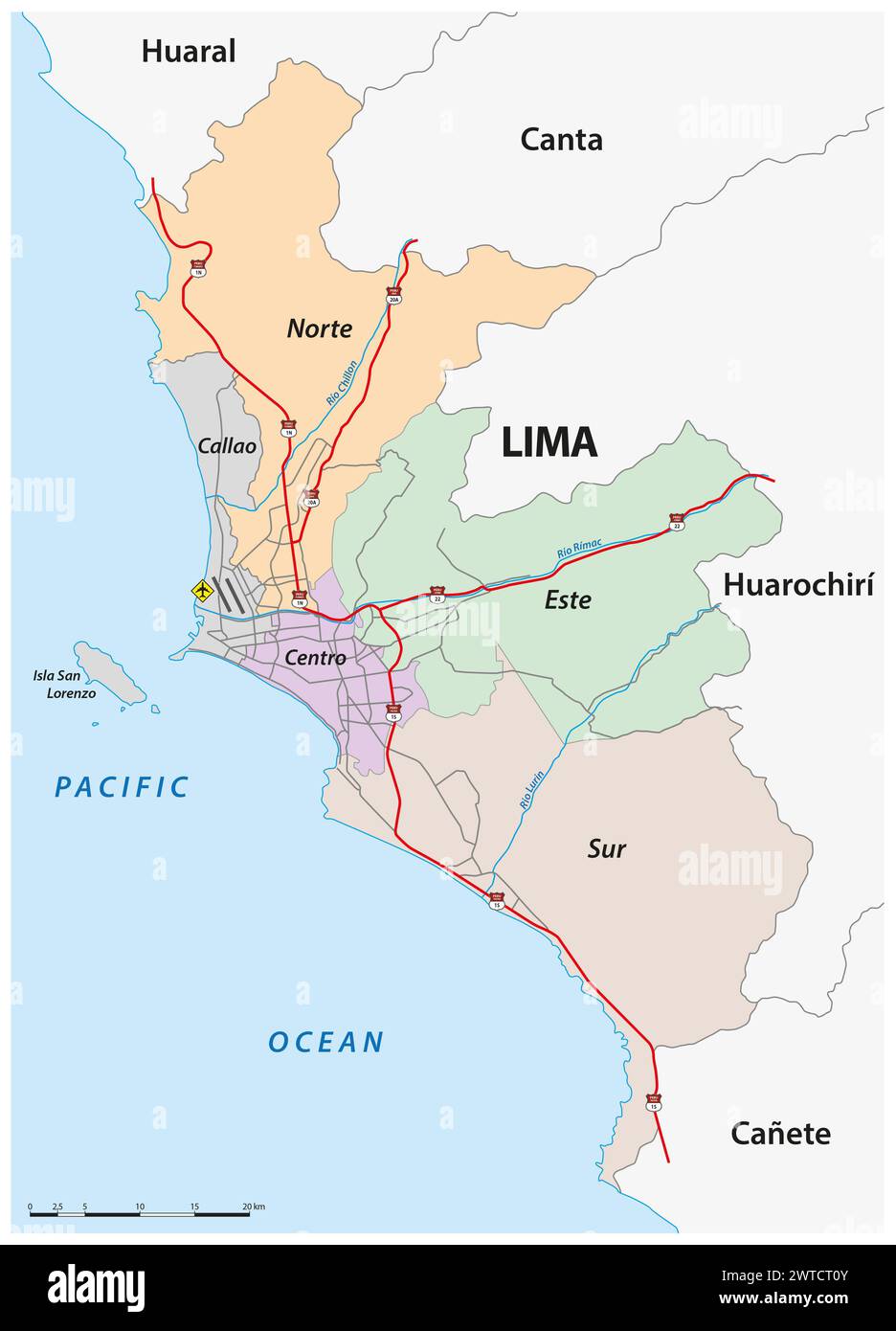 Mappa amministrativa e stradale della capitale peruviana Lima Foto Stock