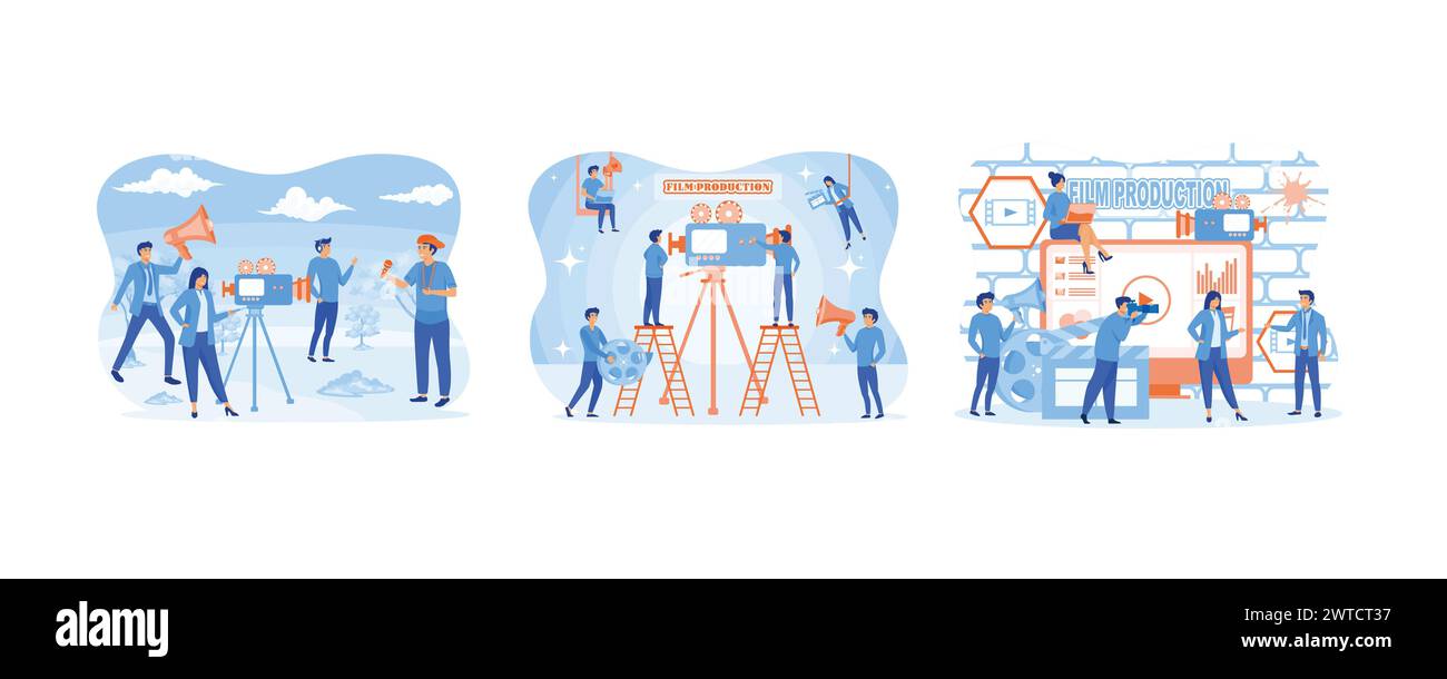 Concetto di produzione cinematografica. Creazione di filmati e modelli di landing page per la produzione di video. Il corso online di produzione cinematografica può essere utilizzato per la pagina di destinazione. Impostare mod. Vettore piatto Illustrazione Vettoriale