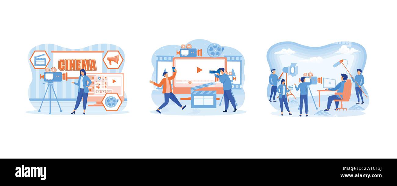 Produzione cinematografica, concetto di produzione cinematografica. Videografia, ripresa di film in studio. Direttore che guarda sullo schermo. Impostare l'illustrazione moderna del vettore piatto Illustrazione Vettoriale