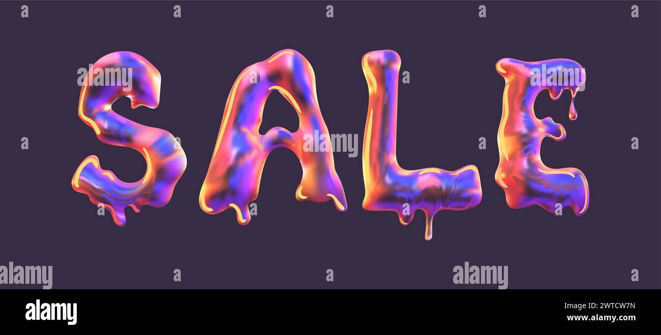 Vendita. Lettere del gradiente volumetrico, iscrizione. Pallone aerato e iridescente, Melty Metallic. Per logo, packaging, materiali promozionali e Web b Illustrazione Vettoriale