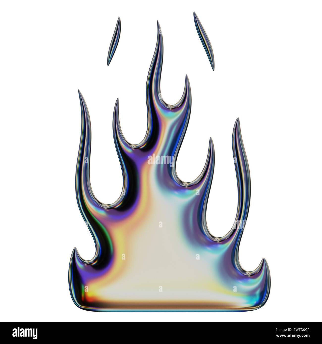 Fiamma 3D. Elemento Y2K alla moda. Colorata e iridescente forma fuoco fiammeggiante con effetto gradiente lucido. Rendering 3D. Illustrazione isolata. Foto Stock
