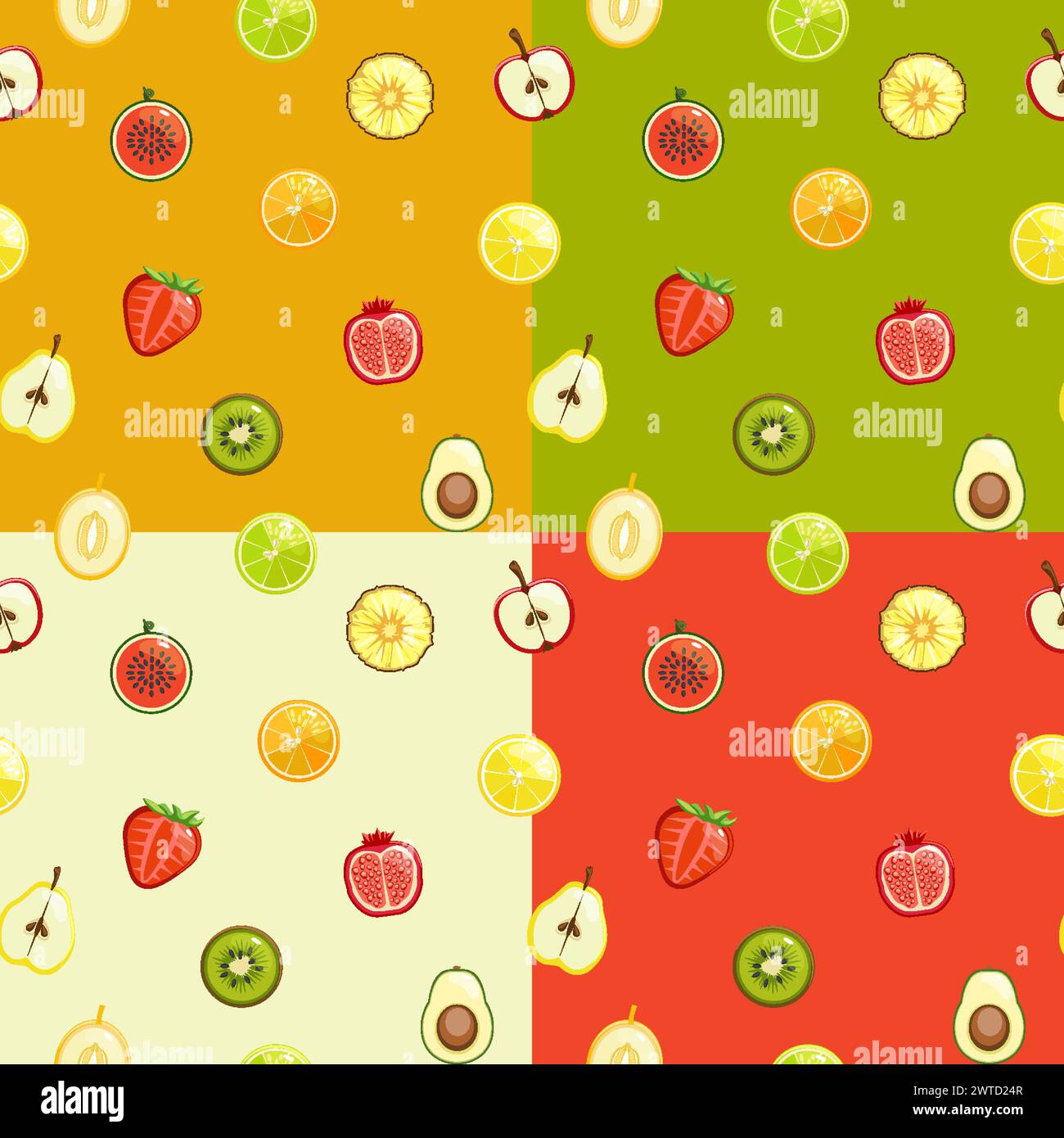 Set di motivi estivi a colori senza cuciture con mezze frutti. Illustrazione Vettoriale