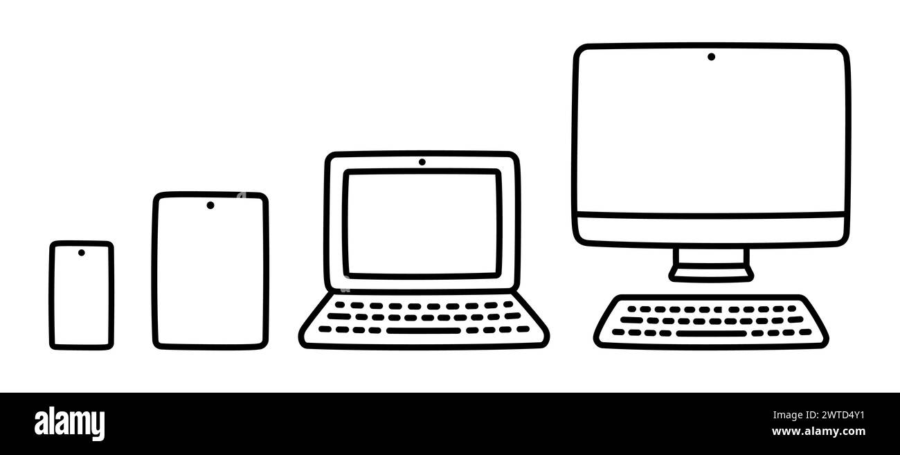 Set di dispositivi elettronici (smartphone, tablet, laptop e computer desktop). Icone disegnate a mano, carino disegno dei cartoni animati. Illustrazione vettoriale. Illustrazione Vettoriale