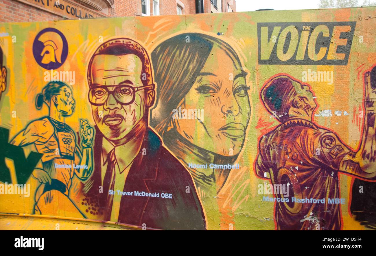 Murale che mostra famosi neri nel Regno Unito, Brixton Village, Brixton, Londra, Regno Unito; Naomi Campbell, Sir Trevor McDonald, Denise Lewis, Marcus Rushford, Foto Stock