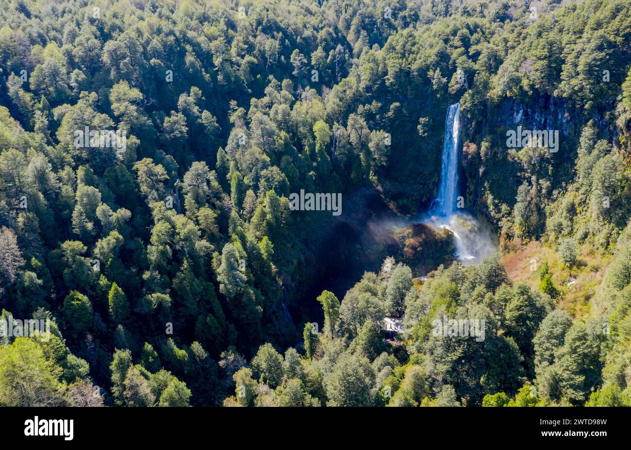 Vista aerea della cascata salto El Leon, valle delle cascate a est di Pucon, Cile Foto Stock