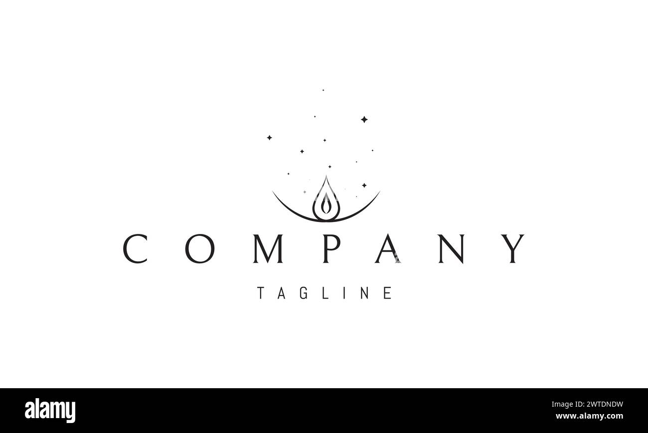 Un logo vettoriale con un'immagine astratta di una goccia alla base della luna con le stelle. Illustrazione Vettoriale
